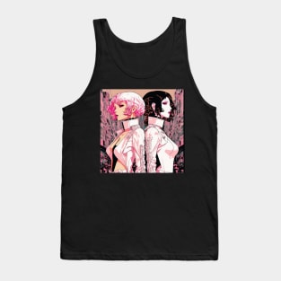 Together in the Street - Cyberpunk Illustrated Portrait Two Women Posing Back to Back in Front of a Bustling Cityscape Tank Top